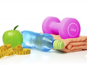 Towel, water bottle, weights tape fruit smaller